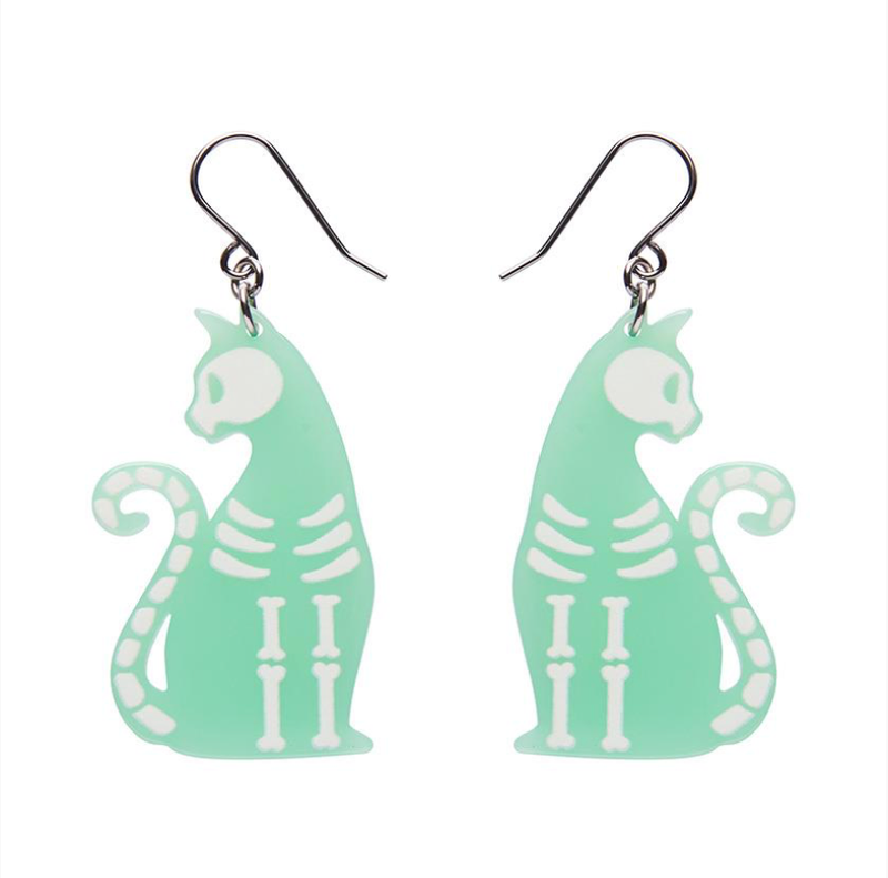 Bone Kitty Drop Earrings (glow in the dark) by Erstwilder