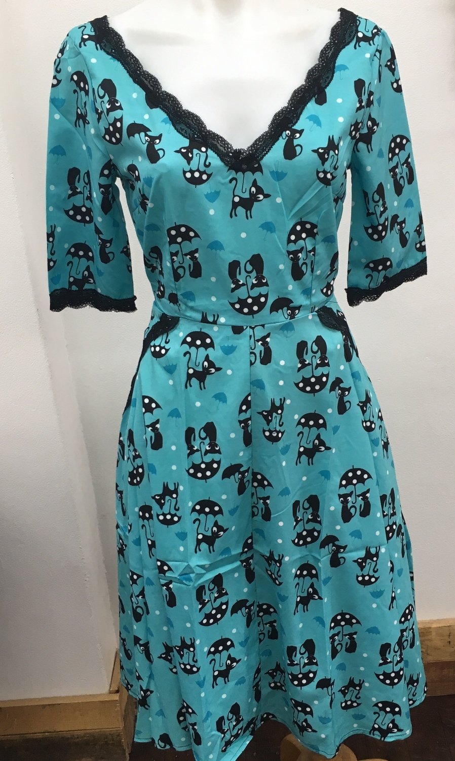 Kitties In The Rain Rockabilly Dress by iHot, Choose Size:: XX-Large, Choose Colour:: Cyan