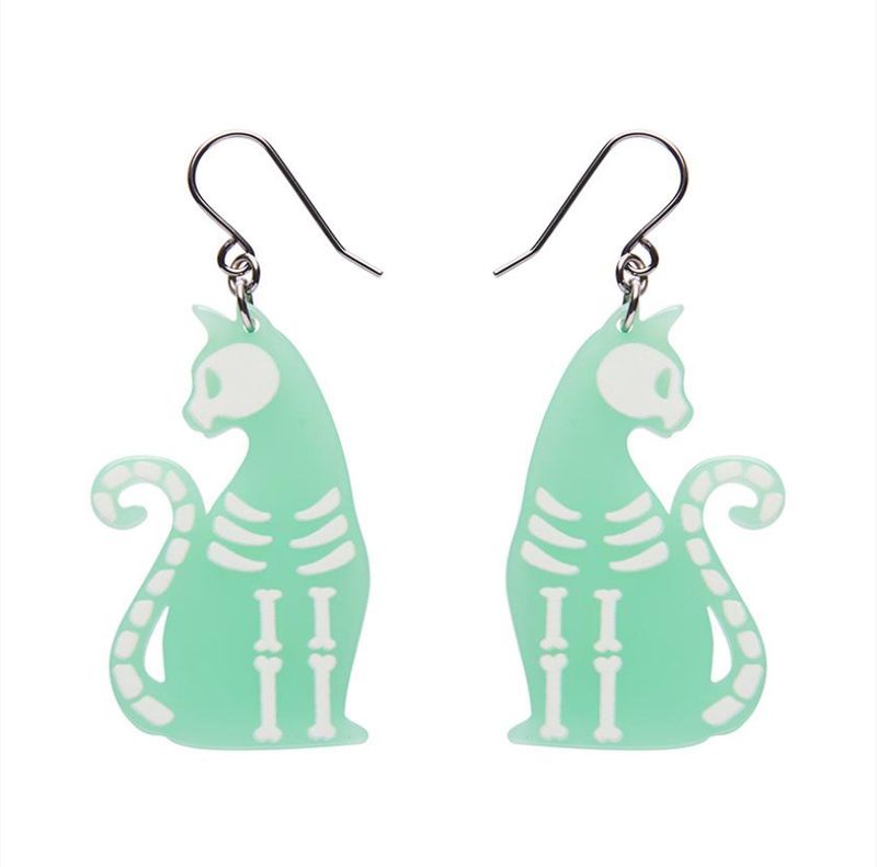 Bone Kitty Drop Earrings (glow in the dark) by Erstwilder