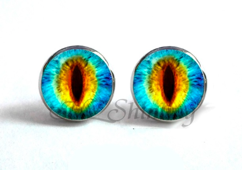 Cat's Eye Stud Earrings, Colour: Blue/Green and Orange