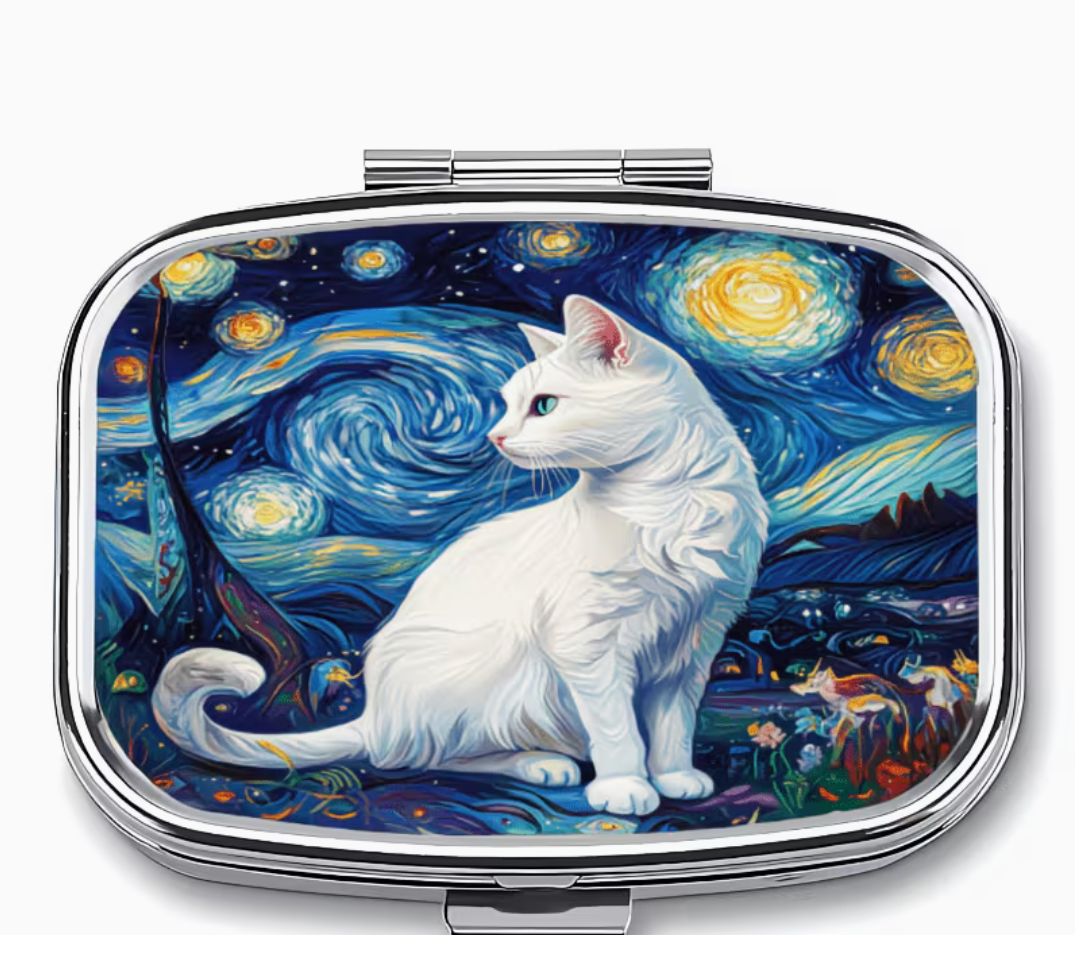 Cat Theme Pill Box, style: White Cat Rectangle