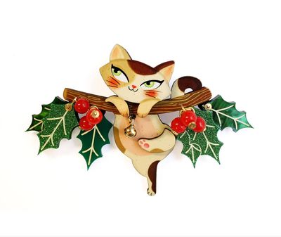 Cat on a Holly Branch Brooch by Laliblue