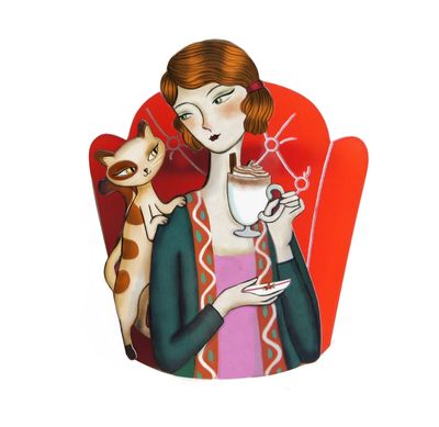 Girl and Cat with Eggnog Brooch by Laliblue