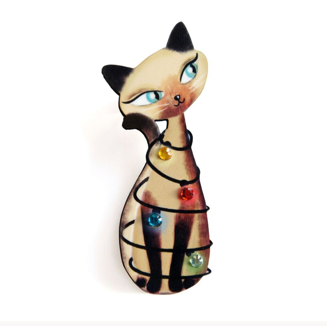 Siamese Cat with Christmas Lights Brooch by Laliblue
