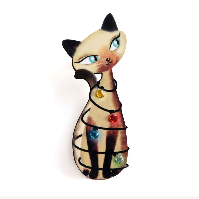 Siamese Cat with Christmas Lights Brooch by Laliblue