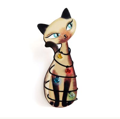 Siamese Cat with Christmas Lights Brooch by Laliblue