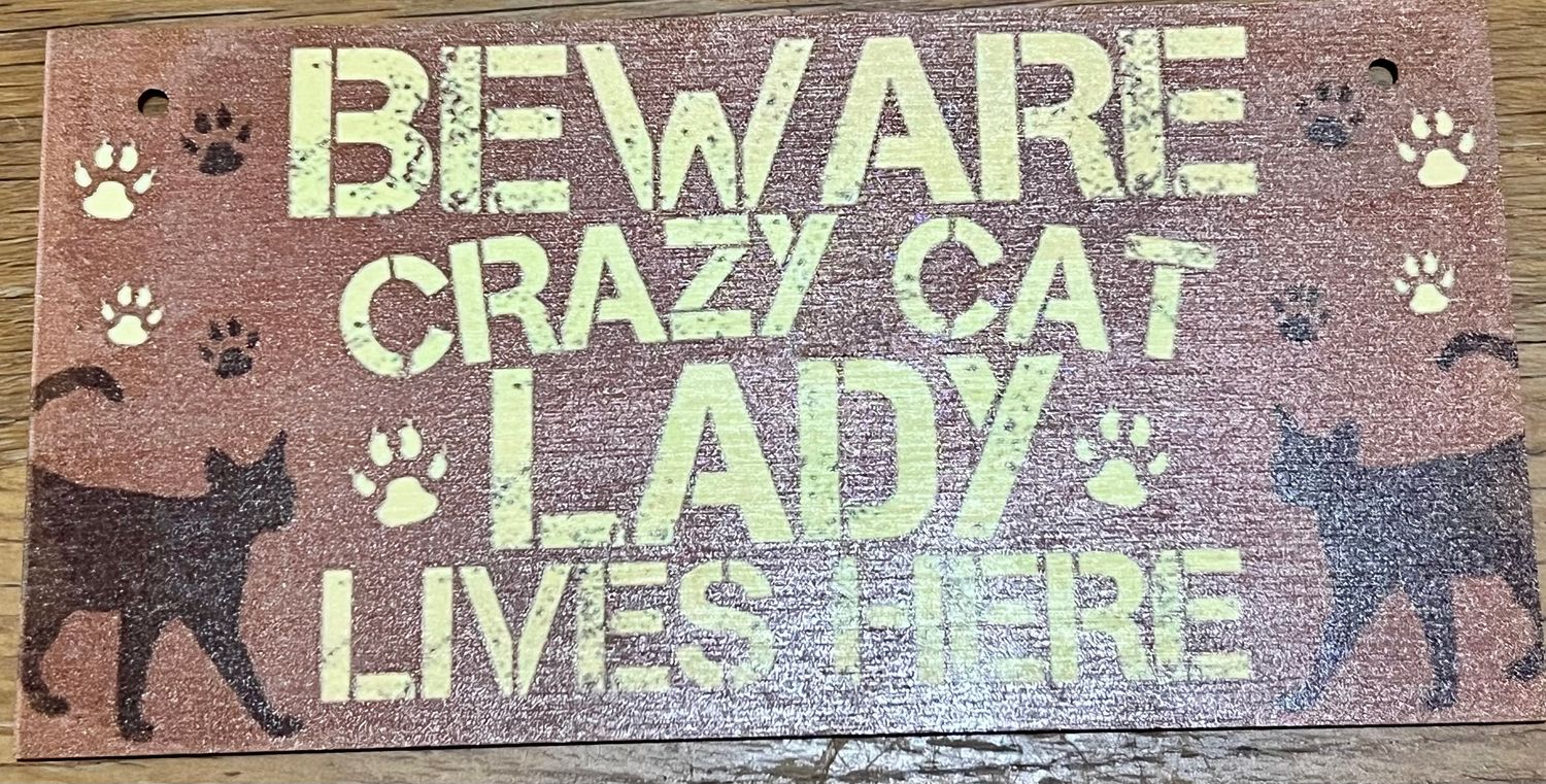 "Beware Crazy Cat Lady" wooden cat sign