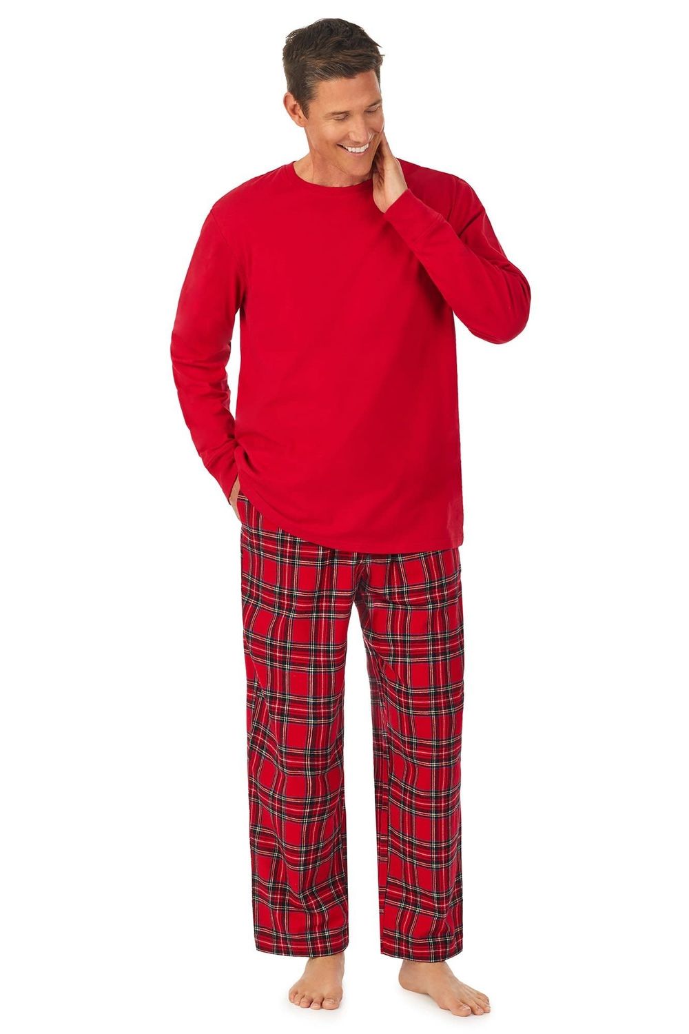 Lanz Men&#39;s Tartan Knit &amp; Flannel PJ Set, Color: RED, Size: SMALL