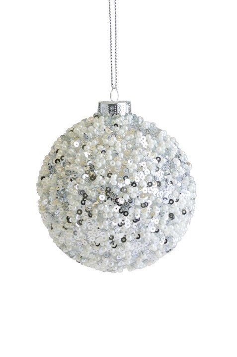 Seoul, Christmas Ball, 8cm,  Sequins, White Rocailles Pearls,  Silver