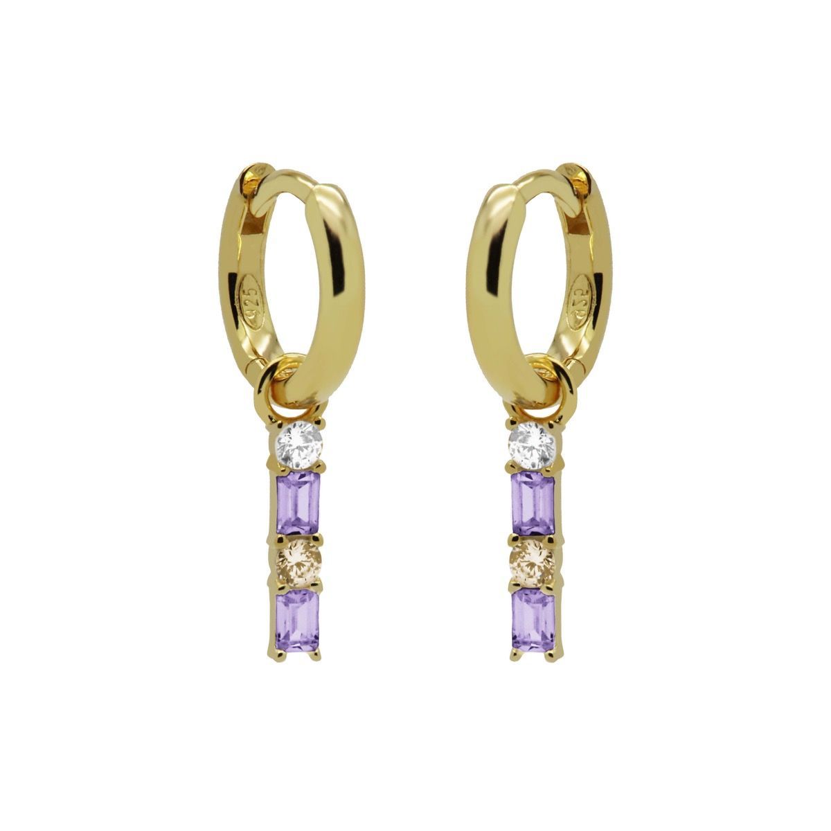 Hinged Hoops Double Zirconia Square Baguette LAVENDER Goldplated