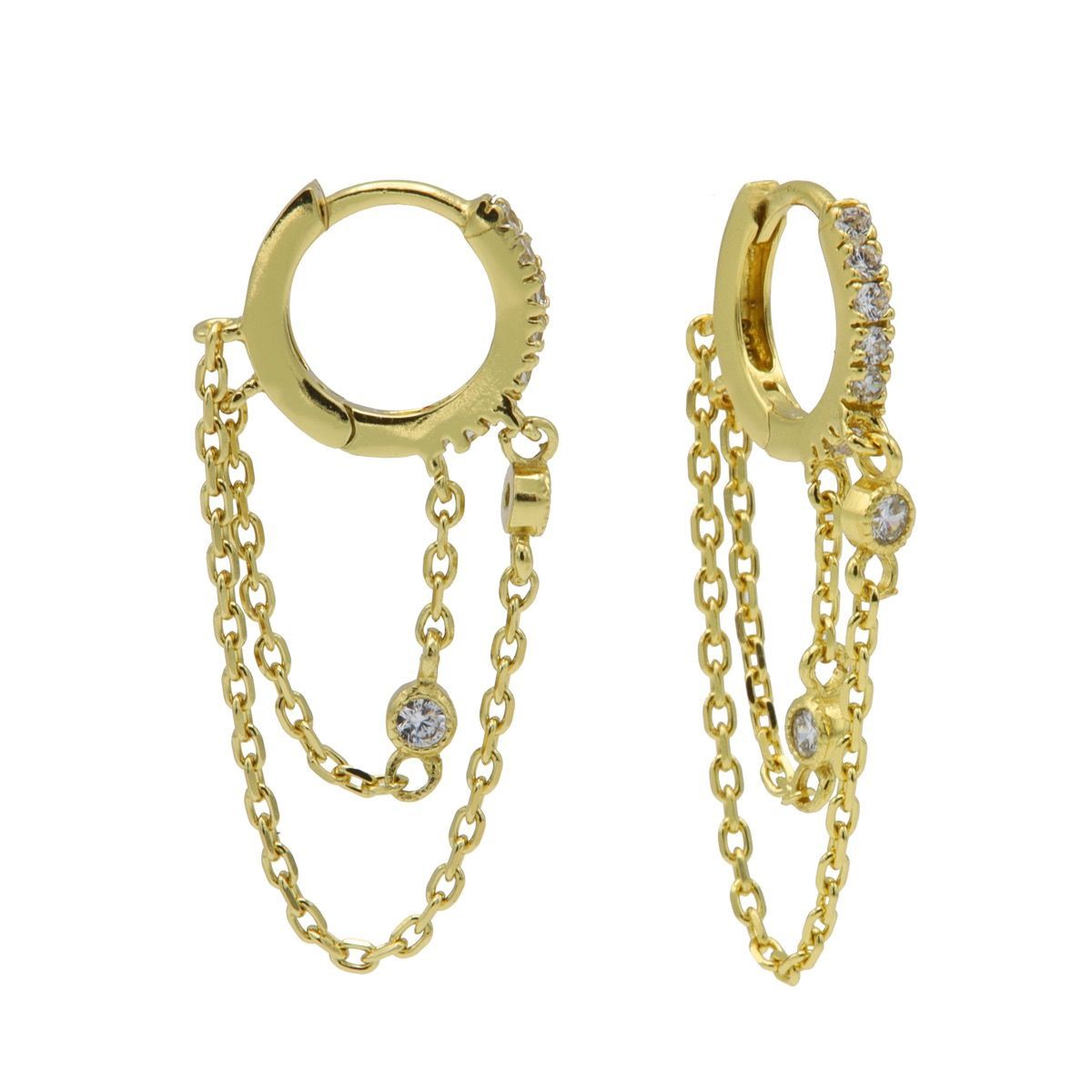 Plain Zirconia Hinged Hoops Double Chain Goldplated