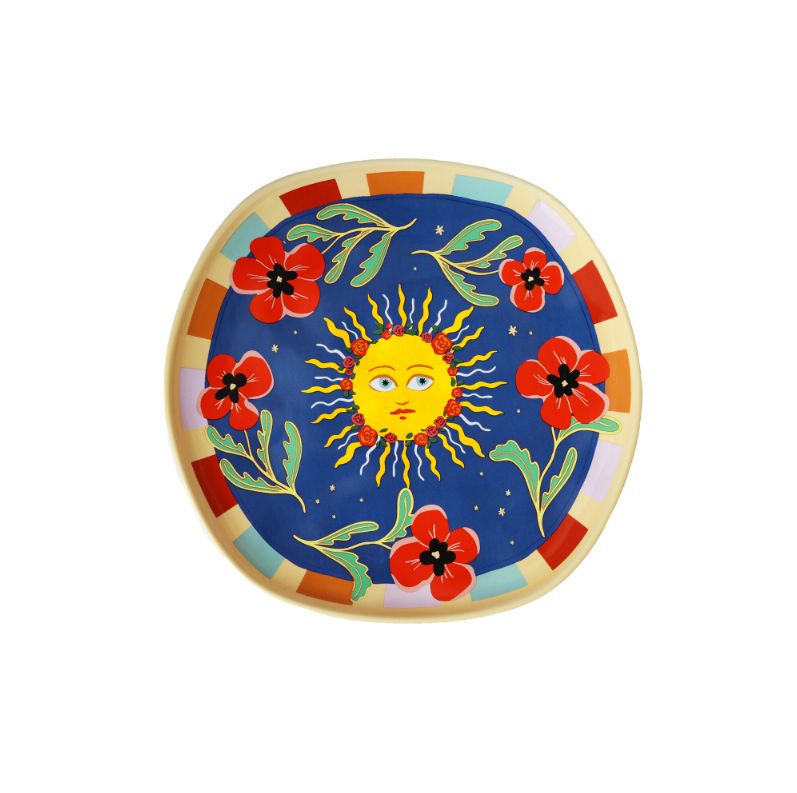 Plate Dark Blue With Sun &amp; Flowers