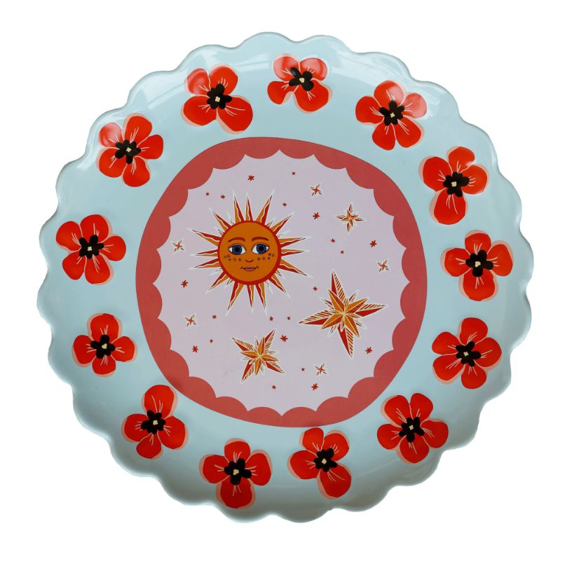 Large Plate Round Blue With Poppies