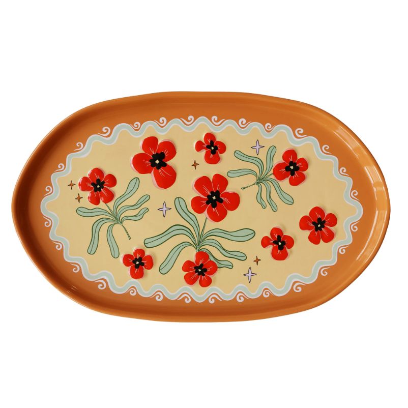Large Oval Plate Orange With Flowers