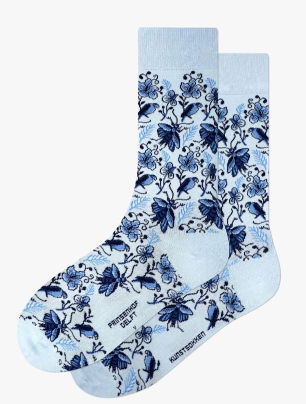 Kunstsokken - Delft Blue Birds &amp; Insects, Size: 36-40