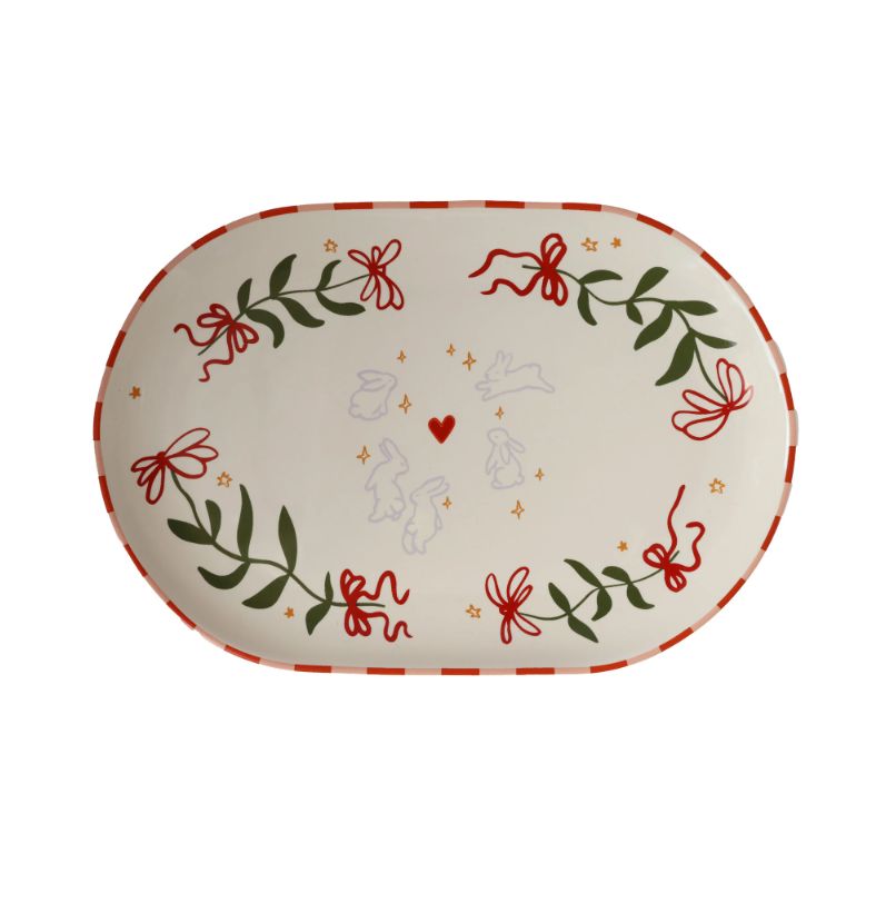 Oval Plate Flowers and Rabbits