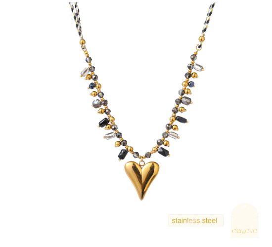 Heart + Beads Necklace Black