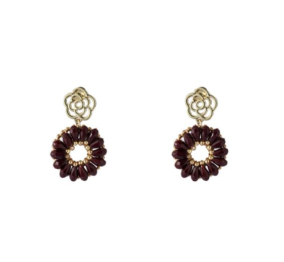 Flower Stud Long Round - Burgundy