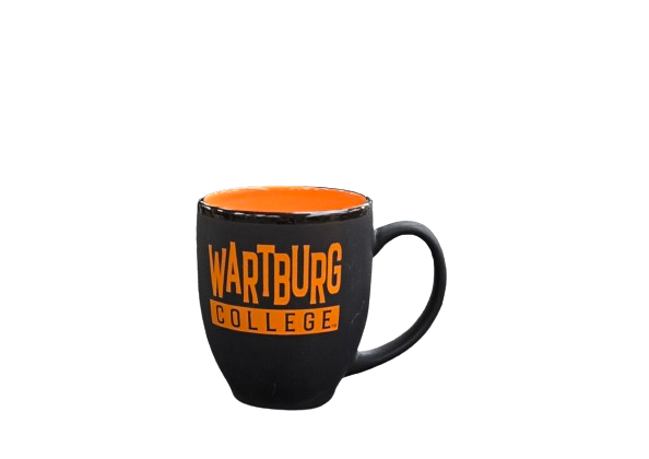 Black mug with orange writing