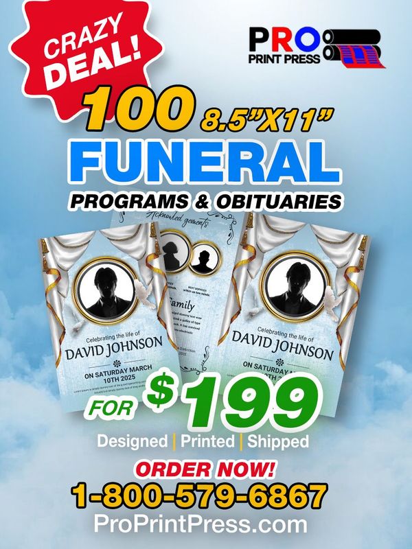 100 8.5"x11" Funeral Programs & Obituaries