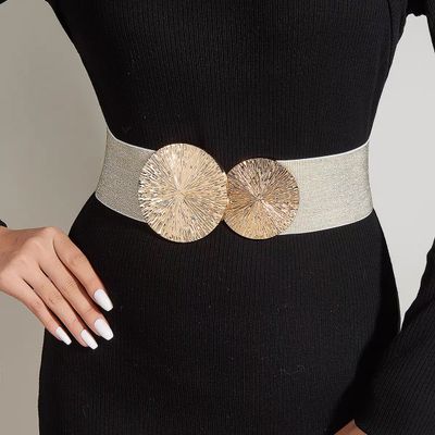 Fashionable double round buckle elastic wide belt