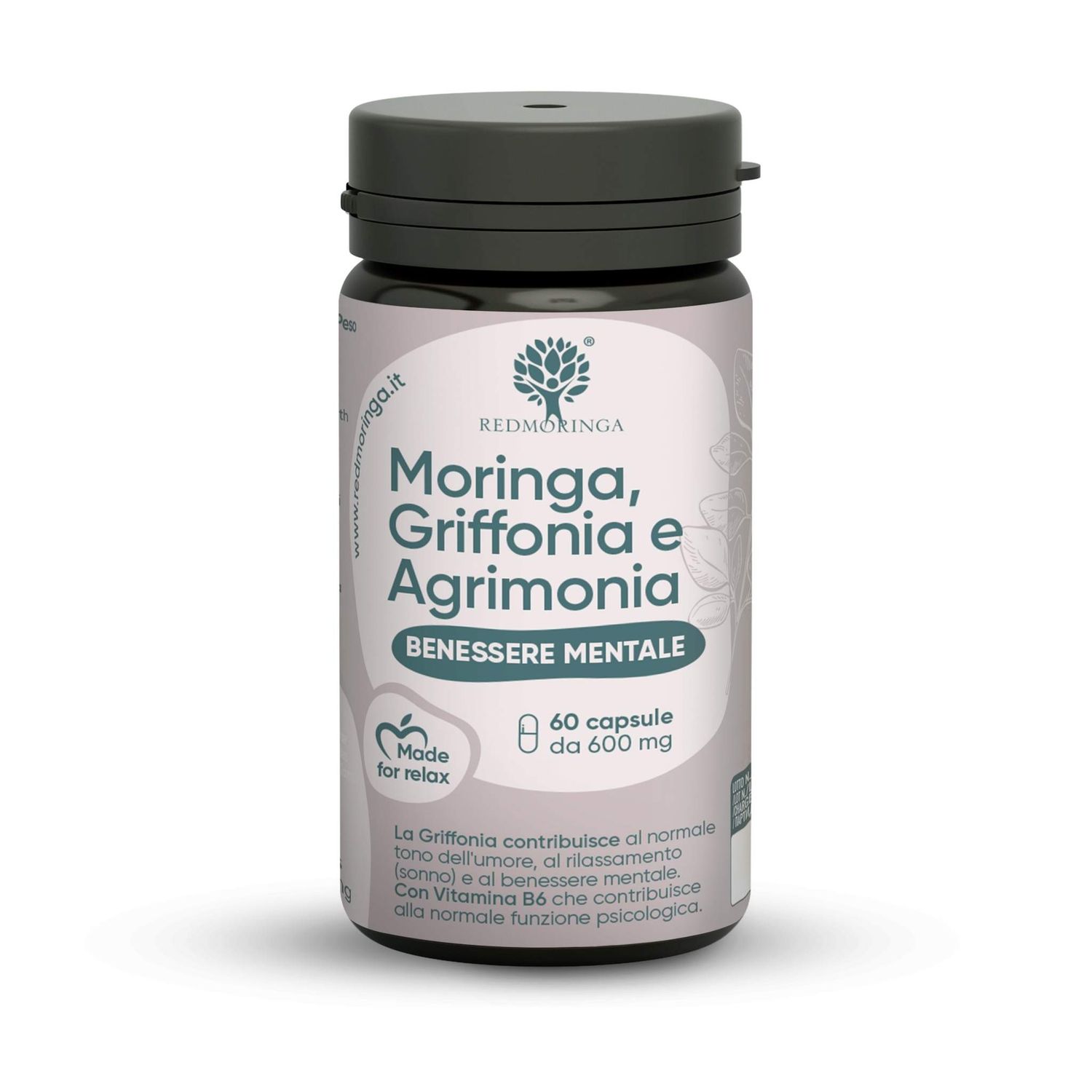 Red Moringa™ su Griffonia 5HTP, agrimonija, vitaminu B6 ir moringa – natūrali formulė psichologinei gerovei (100% natūralus, 60 kapsulių)