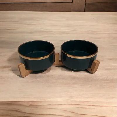 Fancy Pants - Emerald Green and Gold Food Bowl Set w/ Wooden Base