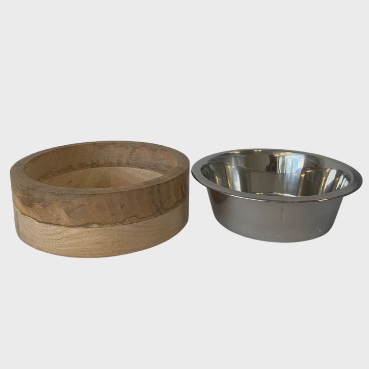 Stainless Steel Dog Bowl with Cylindrical Mango Wood Holder