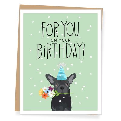 Frenchie with Flowers Birthday Card