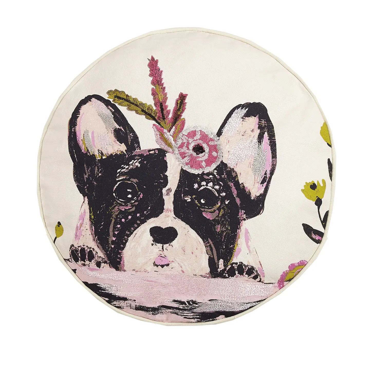 Floral Frenchie Embroidered Pillow