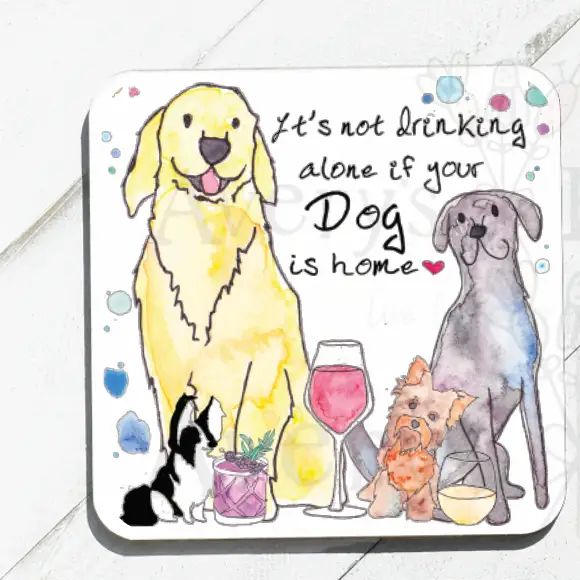 Dog &amp; Cats with Wine - Absorbent Stone Coasters, Design: Dog is Home