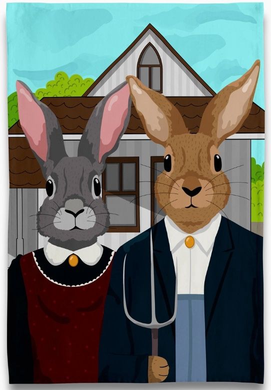 American Gothic Bunny Rabbits Tea Towel