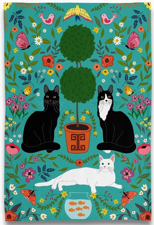 Cat Trio with Topiary and Florals Tea Towel