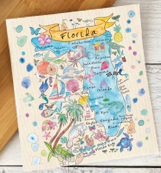 Florida State Map Beach Souvenir - Swedish Dishcloth
