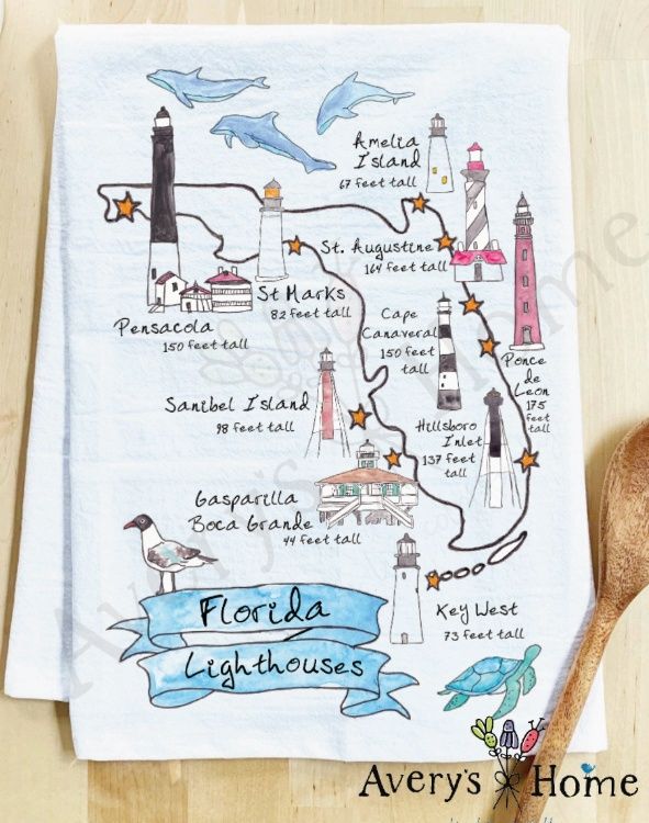 Florida Map of Lighthouses with Animals - Tea Towel