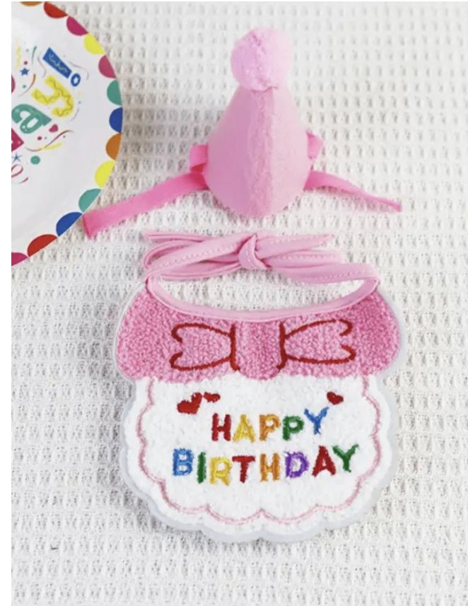 Pet Birthday Hat &amp; Embroidered Bib, Colour: Pink