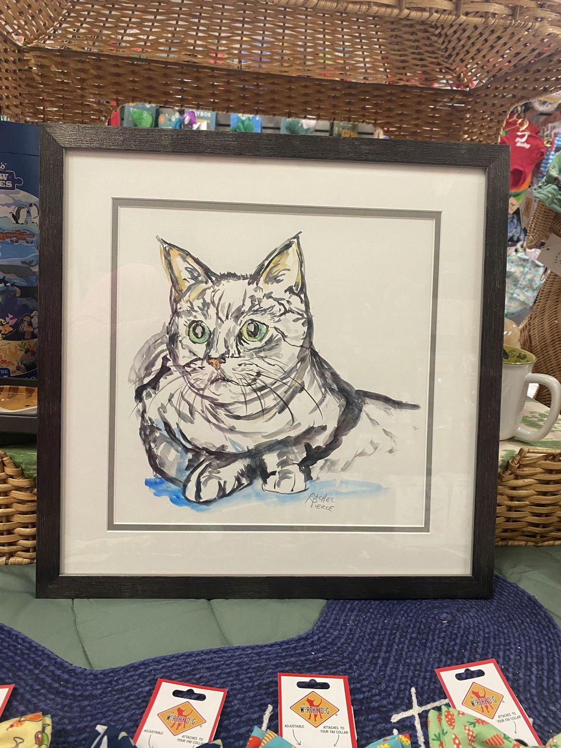 Green Eyed Grey Cat Original Watercolor