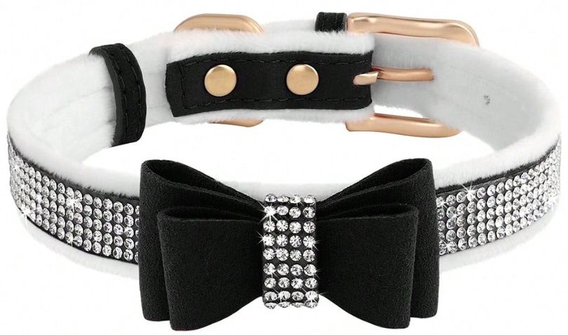 Black Dog Collar With Rhinestone Bowknot, Size: Small