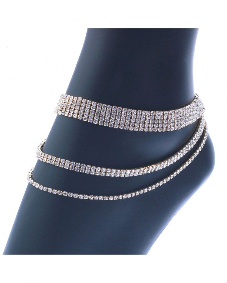 Multi Row Rhinestone Anklet - Gold/Clear