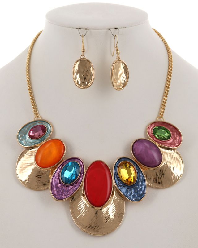 Ovals Metal Enamel Glass Necklace &amp; Earring Set