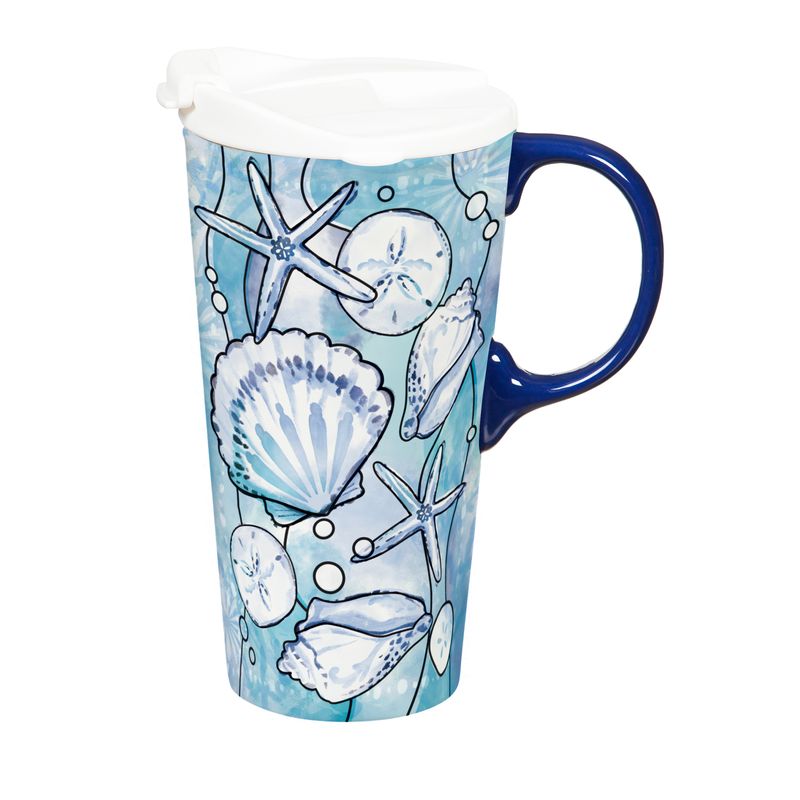 Blue Coastal Ceramic Perfect Cup, Shells Mosaic, 1