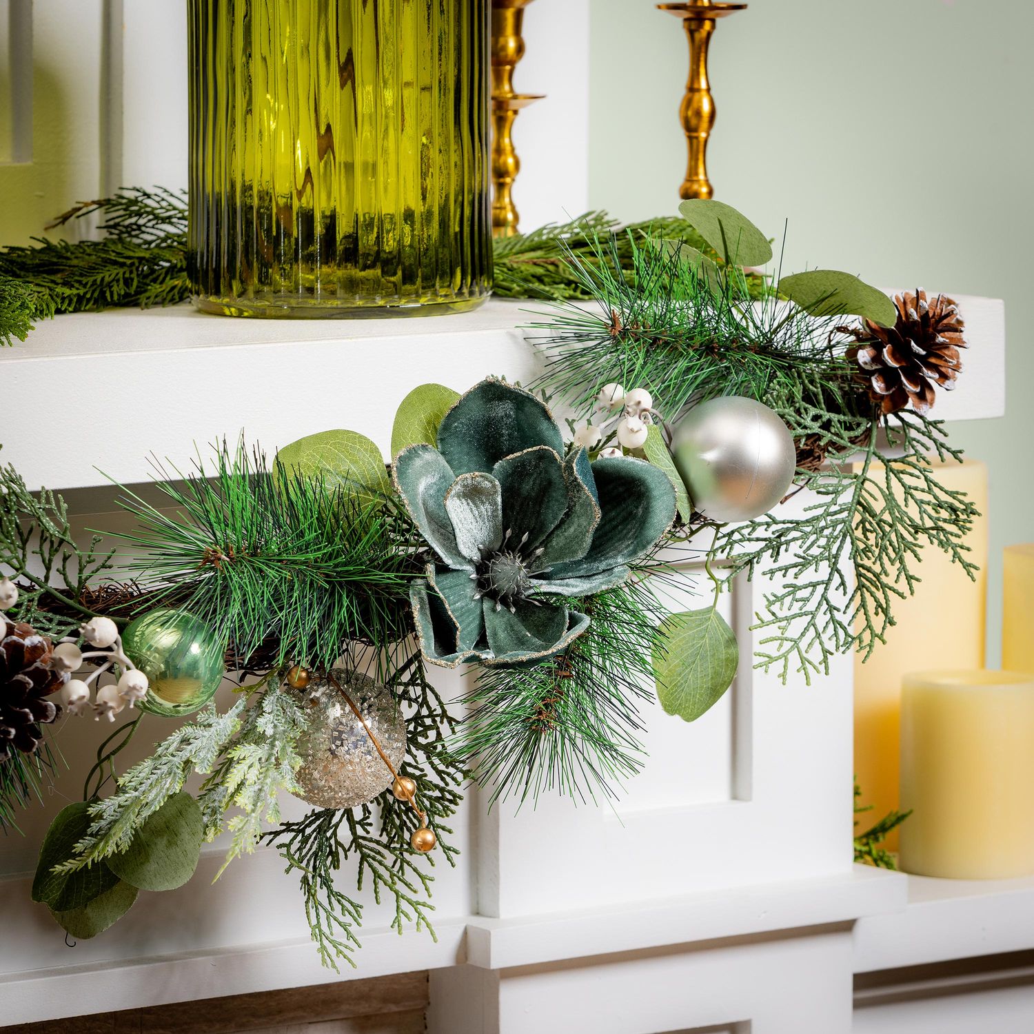 Shades of Green Garland Artificial with Ornaments,
