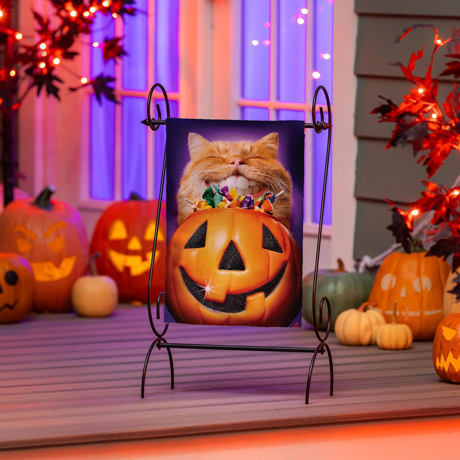 Cat Jack O&#39;Lantern Pumpkin Teeth Suede Garden Flag