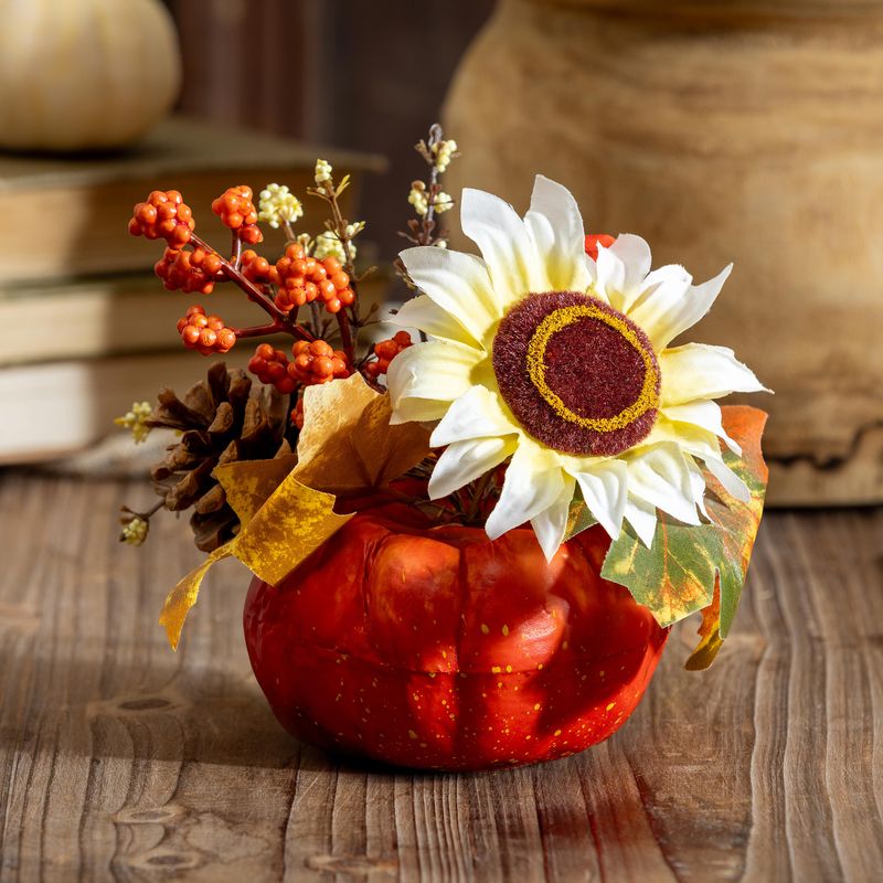 Fall Floral Artificial in Pumpkin Shaped Pot, 6.5&quot;L