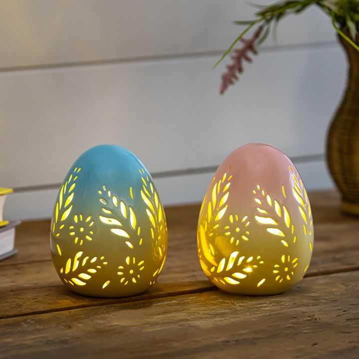 Bunny Blooms LED Table Decor Ceramic Egg with Flor