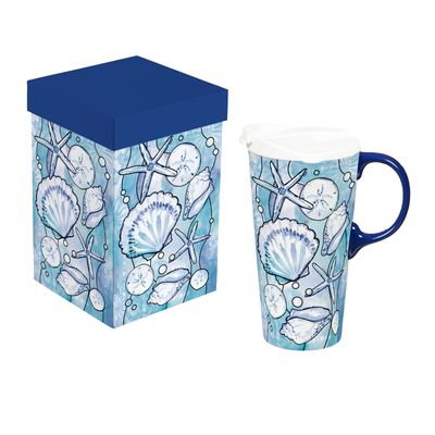 Blue Coastal Ceramic Perfect Cup, Shells Mosaic, 1