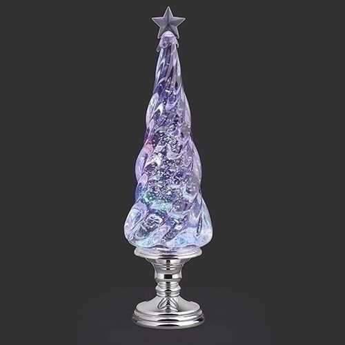 17&quot;H LIGHTED SWIRL TWIST TREE SILVER PEDESTAL; WITH STAR