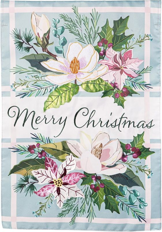 Merry Christmas Floral Applique Garden Flag
