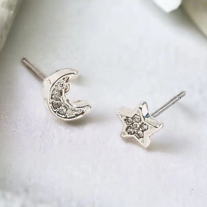 Moon &amp; Star Pave Earsense Stud Earrings