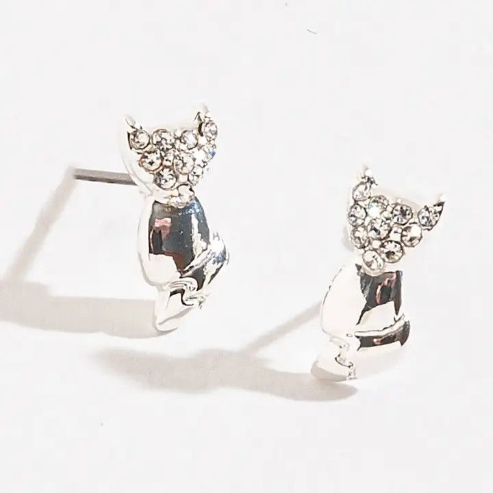 Silver Cat Pave Ear Sense Stud Earrings